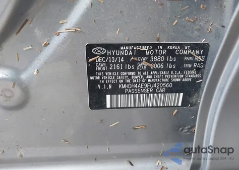 2015 Hyundai Elantra Se z USA, uszkodzony, nr VIN KMHDH4AE9FU420560